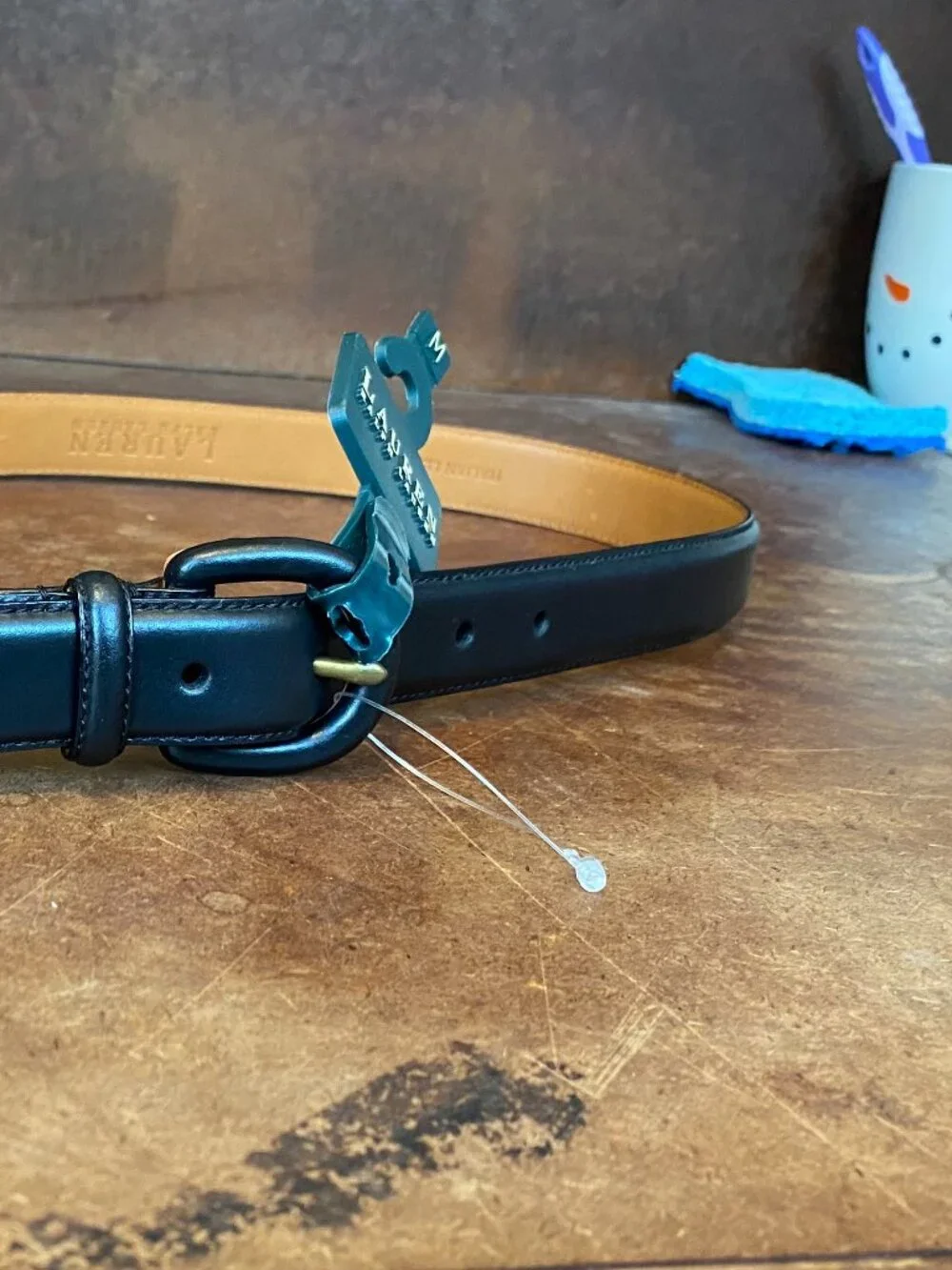 NWT Lauren Ralph Lauren black leather belt gold toned single prong buckle